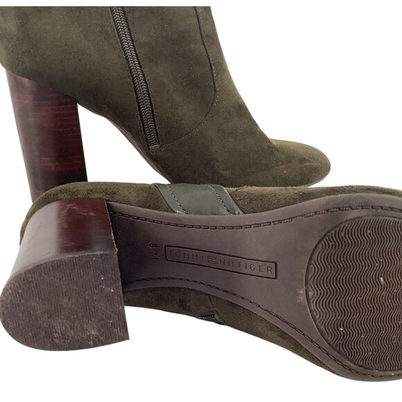 Tommy Hilfiger Womens Heeled Ankle Boots Olive Suede & Leather Gold Button S 8.5 - Picture 7 of 10
